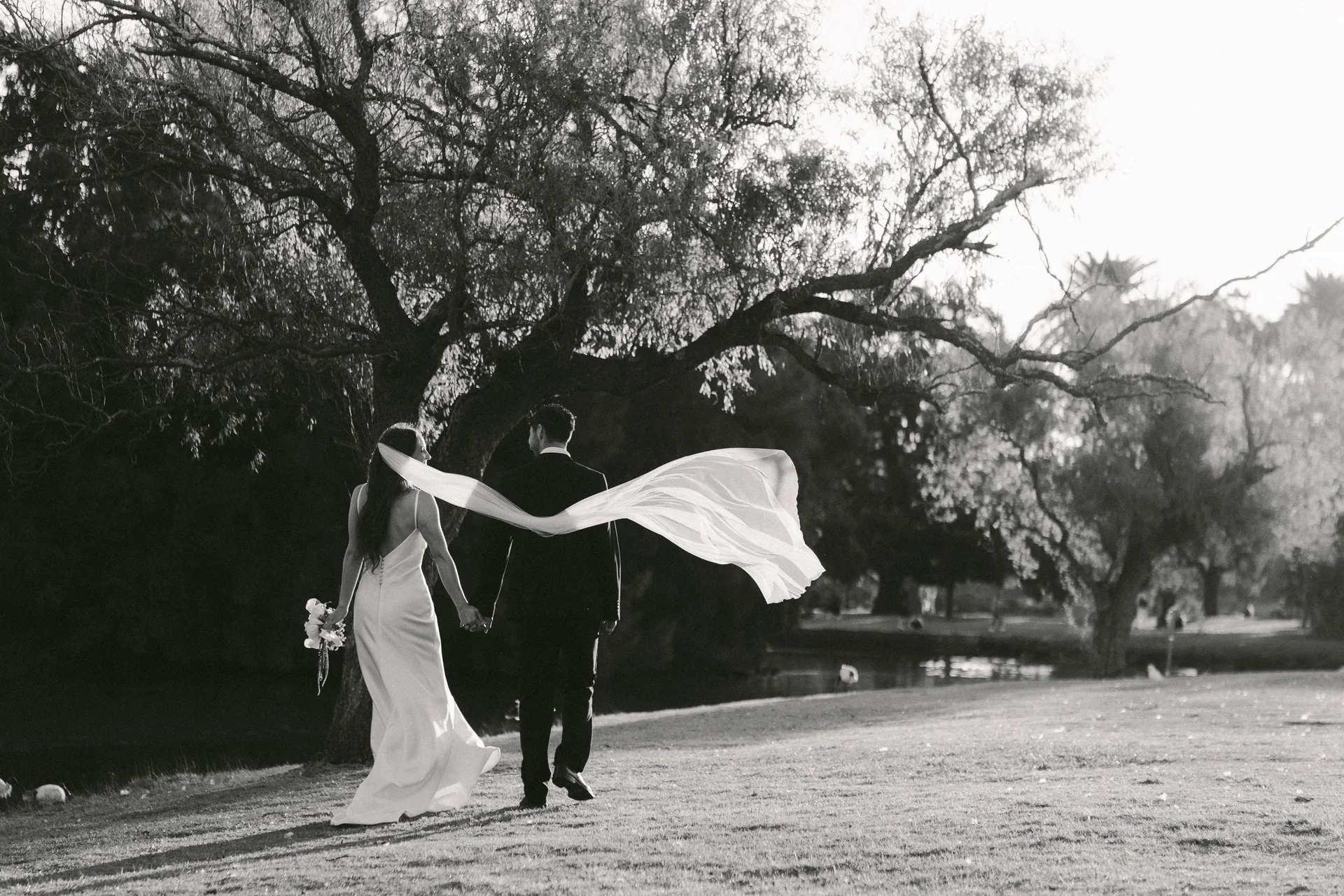 A wide, full-bleed photograph of a couple walking with their backs to the camera.
